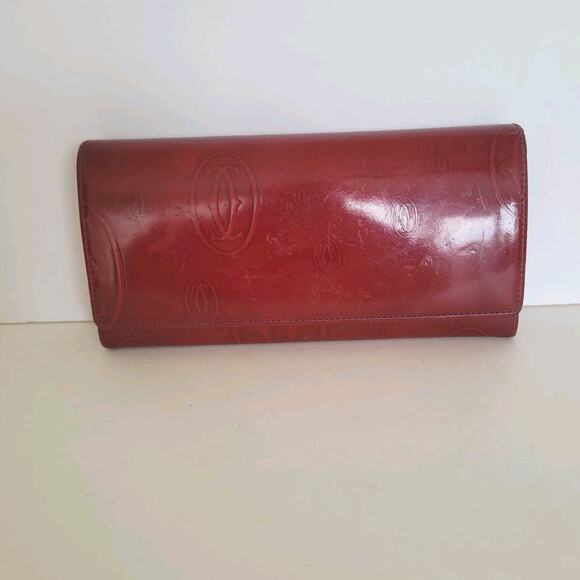 Cartier Happy Birthday Patent Leather Envelope Long Wallet Red Large Logo Clutch - Picture 1 of 11